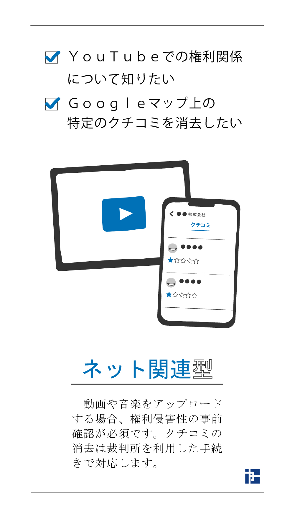 ネット関連型のお悩み YouTubeでの権利関係について知りたい Googleマップ上の特定のクチコミを消去したい